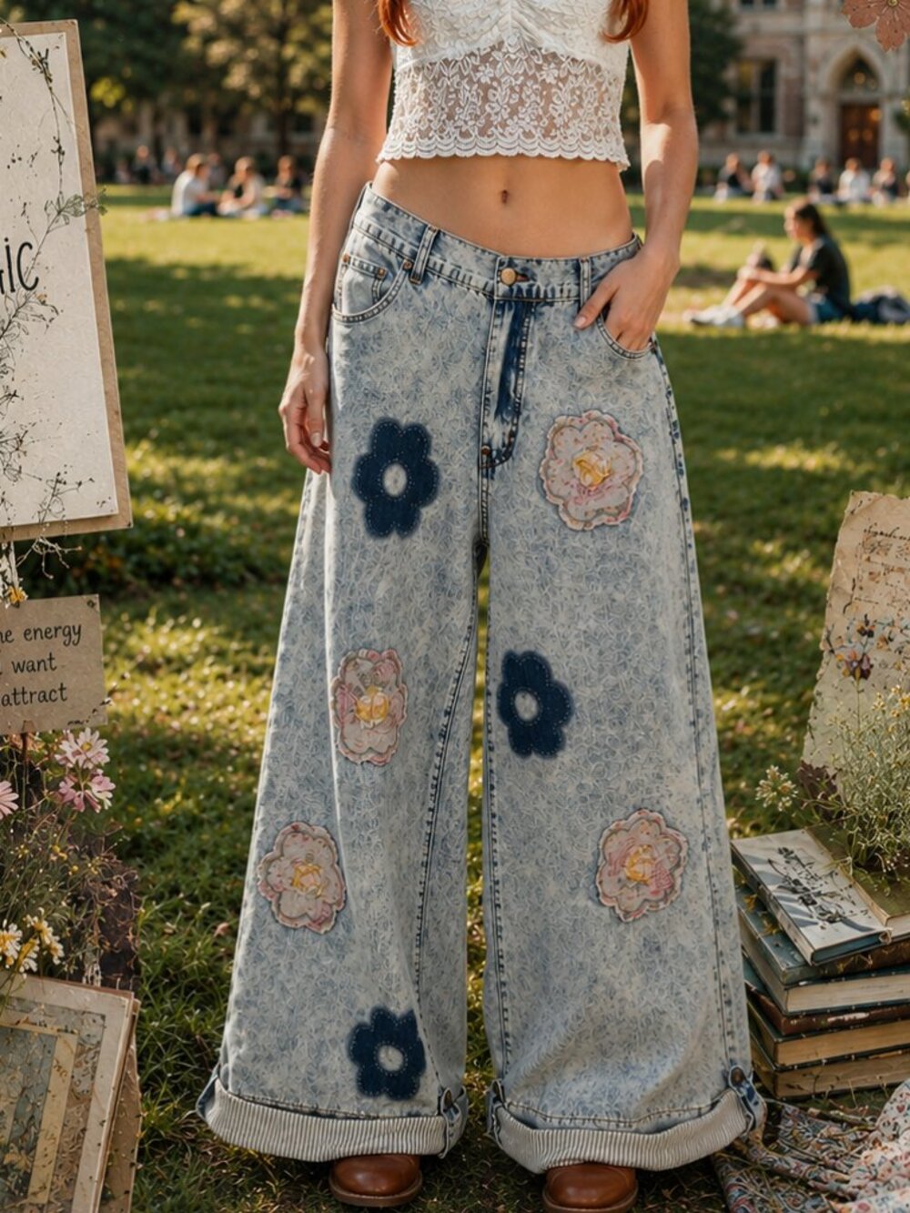 POL Boho Vintage 70s Floral Flower Patch Baggy Flowy Wide Leg Denim Jeans NWT